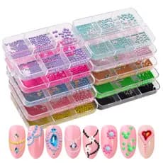 Macaron colorido bola de aço tamanho misturado redondo decorações de unhas 6 compartimentos caixa