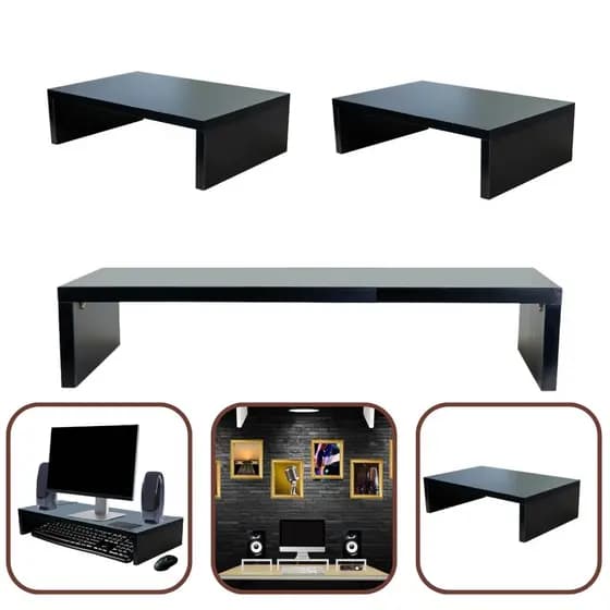 Kit 1 Suporte Monitor 10x60x20cm + 2 Suporte Monitor 10x35x20cm MDF Preto