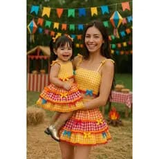 Conjunto Junino Xadrez Amarelo Infantil Juvenil Banana Club Luxo Festa Arraiá Quadrilha