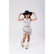 Conjunto Jeans Off White Blogueirinha Boiadeira Infantil Menina Festa Casual Aniversário Dia a Dia Verão Juvenil