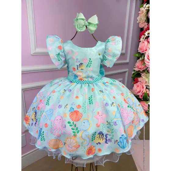 Vestido Fundo do Mar Sereia Ariel Infantil Juvenil Tiffany Conforto Festa Princesa Fofo Luxo Rodado