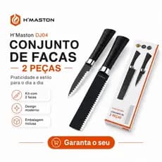 Conjunto de Facas 2 Peças Kit Cozinha Lâmina Serrilhada Cabo Ergonômico Preta Antiaderente