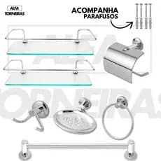 Kit Acessórios para Banheiros 7 peças com 2 Porta Shampoo Reto Acompanha Parafusos