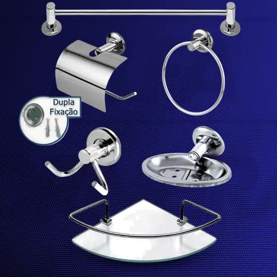 Kit Acessórios Para Banheiro 6 Peças Inox com Porta Shampoo Canto Vidro Temperado
