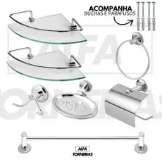 Kit Acessório Banheiro 7 Peças Inox Com 2 Porta Shampoo Prateleira Canto Vidro Temperado