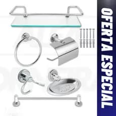 Kit Acessórios Banheiro 6 Peças Inox Com Porta Shampoo Reto