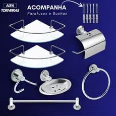 Kit Acessório Banheiro 5 Peças Inox + 2 Porta Shampoo Prateleira Canto Vidro Temperado