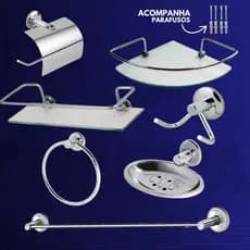 Kit Açessórios P/ Banheiro 5 Peças + Porta Shampoo Reto e Canto Inox Vidro 6mm