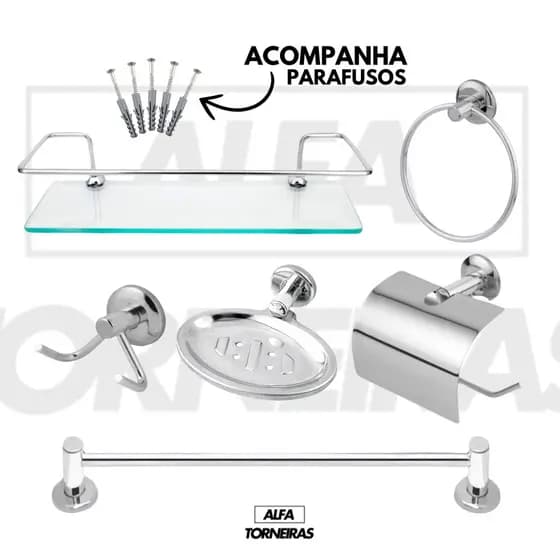 Kit Banheiro Acessórios 5 Peças + 1 Porta Shampoo Reto Inox Cromado Porta Toalhas Papeleira Saboneteira