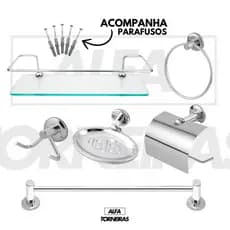 Kit Banheiro Acessórios 5 Peças + 1 Porta Shampoo Reto Inox Cromado Porta Toalhas Papeleira Saboneteira