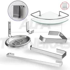 Kit Acessórios Banheiro Inox 5 Peças Quadrado + Porta Shampoo Canto Cantoneira Vidro Temperado