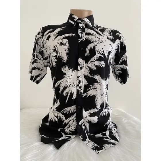 Camisa floral havaiana masculina fabricada na China, tecido de viscose de manga curta de verão praia com botões