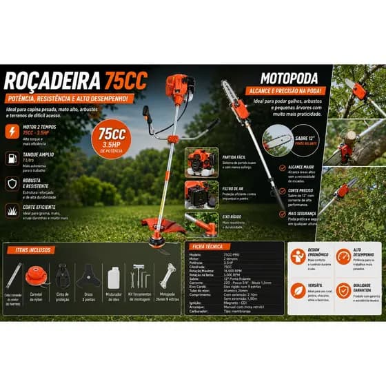 ROÇADEIRA COM MOTOPODA SERRA MOTOR 75CC NAKASAKI