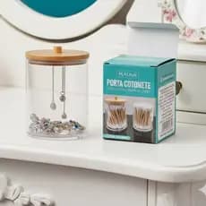 Kit 2 Potes de Acrílico com Tampa de Bambu Porta Hastes Cotonetes e Algodão Brincos