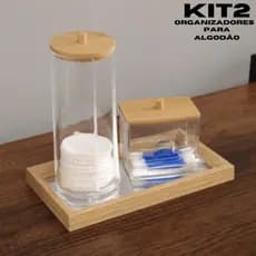 KIT2 Porta Algodão E Porta Cotonete Em Acrílico E Tampa De Bambu Organizador De Espaço