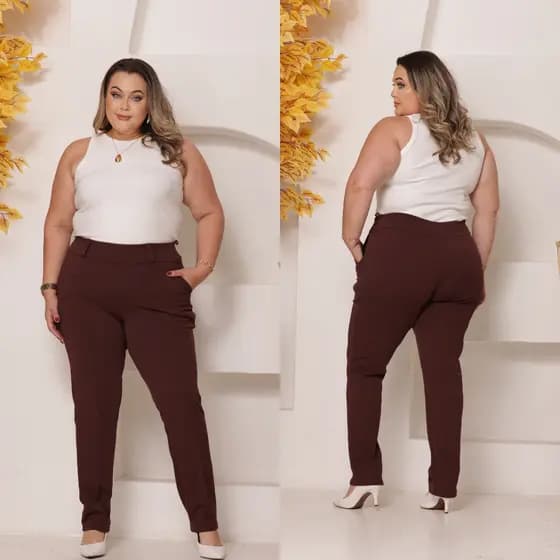 Calça Feminina Plus Size Com bolço  Fake Malha Crepe Cintura Alta estilo social tendência