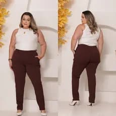 Calça Feminina Plus Size Com bolço  Fake Malha Crepe Cintura Alta estilo social tendência