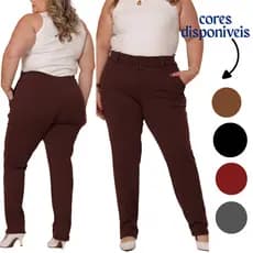 Calça  Feminina Plus Size Com Cinto Forrado Fake Malha Crepe Cintura Alta estilo social