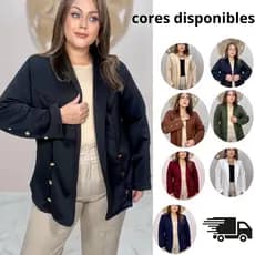 Blazer Feminino Plus Size Alongado Social Elegante em Neoprene com Botões Dourados – Casual Chic Moda Executiva do