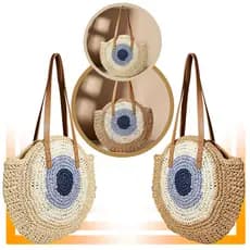 Bolsa de Palha Olho Grego Redonda Grande Forrada com Ziper Ombro Lateral Praia Verão