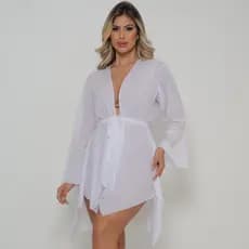 Saida de praia feminino Kimono curta de amarrar com cinto Moda praia feminina Roupa de praia Luxo