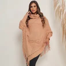Poncho Feminino de Tricô Lã Gola Alta com Manga de Bico Blusa Casaco Inverno Liso Xale