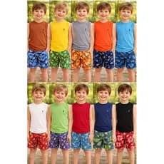 Kit 3 Conjuntos Infantil Menino Tropical Regata + Short Estampado Verão