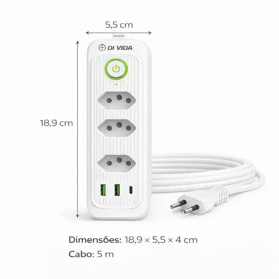Filtro de Linha com 3 Tomadas USB Tipo-C - Retificação Síncrona e Identificação Inteligente