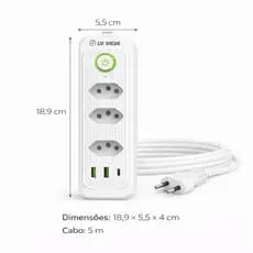 Filtro de Linha com 3 Tomadas USB Tipo-C - Retificação Síncrona e Identificação Inteligente