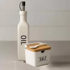 Kit Azeiteiro Vinagreiro Saleiro Porcelana Branco Vidro com Dosador Inox Tampa Bambu Oleo Sal Vinagre