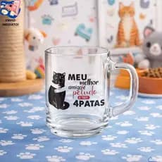 Caneca Vidro Gatinho 350 Ml Transparente Gato Preto Ergonômico Gateiros Cat Black Lovers Café Chá