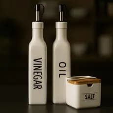Kit Vinagreiro Saleiro Azeiteiro Vidro Porcelana Vinagre Dosador Inox Sal Colher Bambu 290ml Branco Manhattan Cerâmica