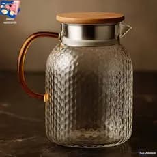 Jarra de Vidro 1L Borossilicato  Tampa Bambu Filtro Inox Design Moderno Cozinha Mesa Posta Sucos Chás Água Saborizada