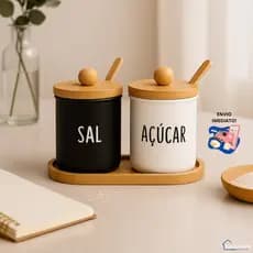 Kit Porta Condimentos Saleiro Açucareiro Tampa Colher Bandeja Bambu Preto Branco Madeira Sal Açúcar