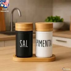 Kit Saleiro e Pimenteiro com Suporte 90ml Preto e Branco 3 Peças Vidro e Bambu Mesa e Cozinha Sal Pimenta Condimentos