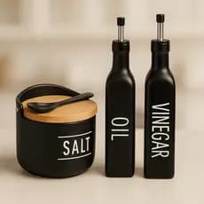 Galheteiro Azeiteiro Saleiro Vinagreiro Preto Tampa de Bambu Black Vinagre Oleo Azeite Sal Madeira Cozinha Preta