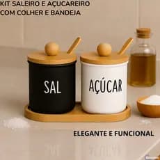 Saleiro e Açucareiro com Colher e Bandeja de Bambu Preto e Branco Porta Condimentos Elegante Cozinha