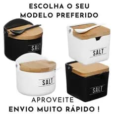 Saleiro de Cerâmica com Tampa de Bambu e Colher – Design Nórdico Moderno Porcelana Sal Vidro Madeira