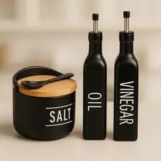Kit Vinagreiro e Azeiteiro Oleo Preto Vidro Black com Dosador Inox 290ml Vinagre Azeite Oil