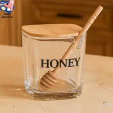 Honey Jar Porta Mel de Vidro 350ml com Tampa e Pegador de Bambu Meleira Transparente Premium para Cozinha e Mesa