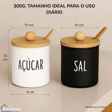 Kit 2 Saleiro Açucareiro Vidro Bambu Bandeja Madeira Preto Branco Bambu Porta Açucar Condimentos Sal