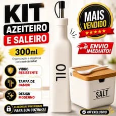 Kit Oleo + Vinagreiro + Saleiro Branco Bambu Porcelana Vidro Sal Azeite Oleo Vinagre 3 Peças