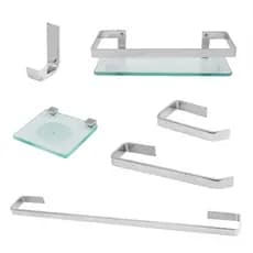 KIT ACESSÓRIOS PARA BANHEIRO PAREDE PORTA SHAMPOO VIDRO SEMI LUXO CROMADO 6 PEÇAS