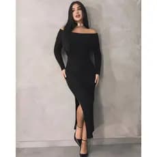 Vestido de Festa Longo Feminino Ombro a Ombro Fenda Elegante Inverno Colado Evento Luxo PP a G1