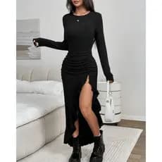 Vestido Longo Feminino Tubinho Justo Elegante Casual De Festa Inverno Canelado Manga Longa De Frio