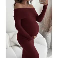 Vestido Gestante Longo Casual Canelado Ombro A Ombro De Frio Elegante Maternidade Inverno Ciganinha