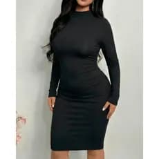 Vestido Plus Size Feminino Manga Longa Midi Gola Alta Canelado Inverno De Festa Elegante De Frio