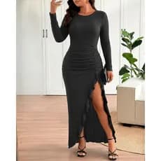 Vestido Longo Feminino Plus Size Elegante Canelado Manga Longa Inverno Social de Festa com Fenda