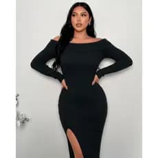 Vestido Longo Feminino Vestido Plus Size Canelado Elegante Ombro a Ombro Vestido Inverno com Fenda
