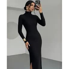 Vestido Longo Feminino Canelado Elegante Gola Alta Social Manga Longa Inverno Casual Coladinho Mel